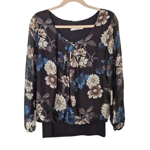 Viola Borghi Italy Floral Silk Chiffon Top Black & Blue